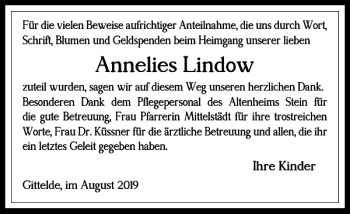 Traueranzeige von Annelies Lindow von Harz Kurier