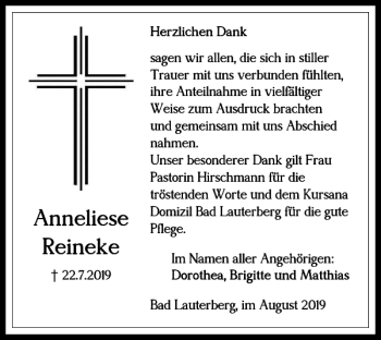Traueranzeige von Anneliese Reineke von Harz Kurier