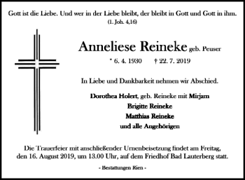 Traueranzeige von Anneliese Reineke Anneliese Reineke von Harz Kurier