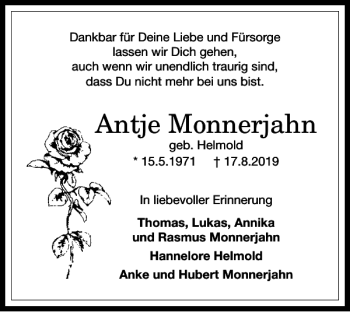 Traueranzeige von Antje Monnerjahn von Harz Kurier
