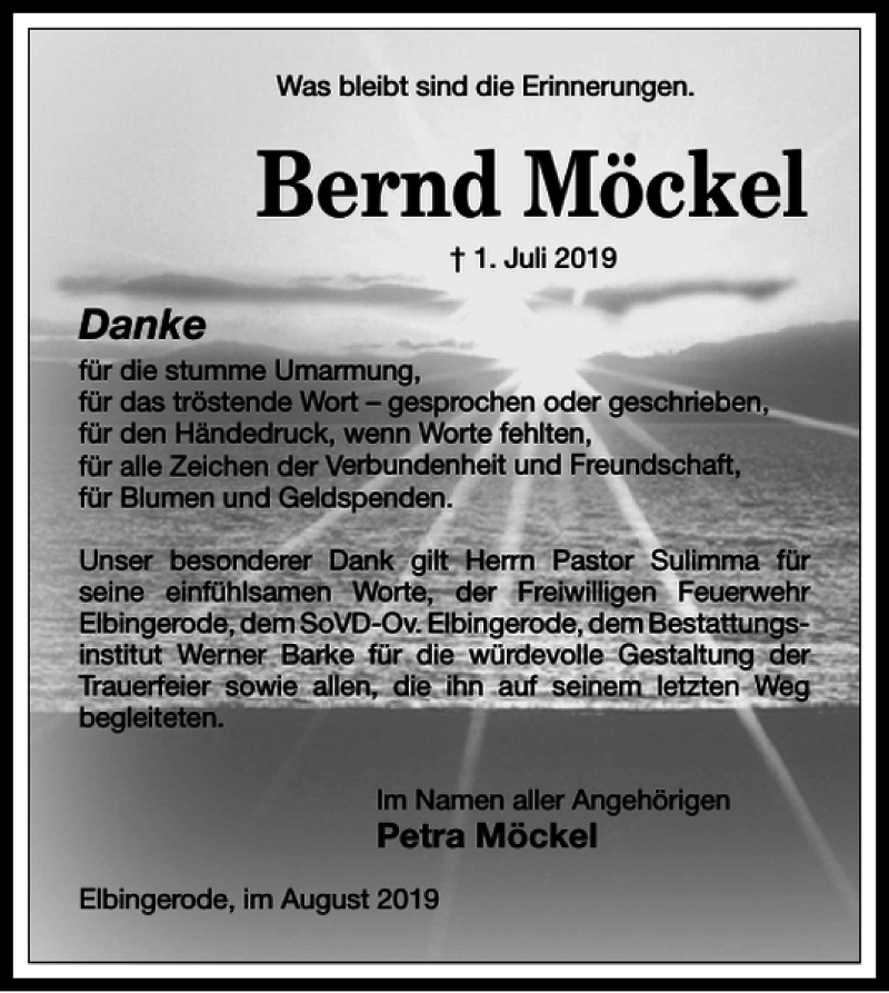  Traueranzeige für Bernd Möckel vom 09.08.2019 aus Harz Kurier
