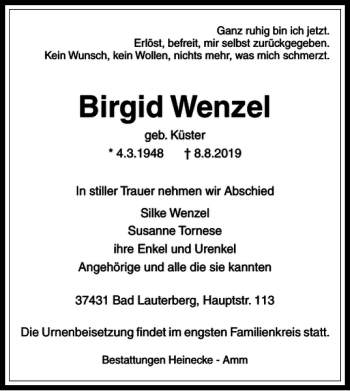 Traueranzeige von Birgid Wenzel von Harz Kurier