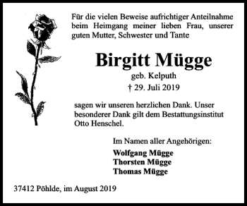 Traueranzeige von Birgitt Mügge von Harz Kurier