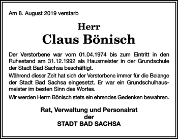 Traueranzeige von Claus Bönisch von Harz Kurier