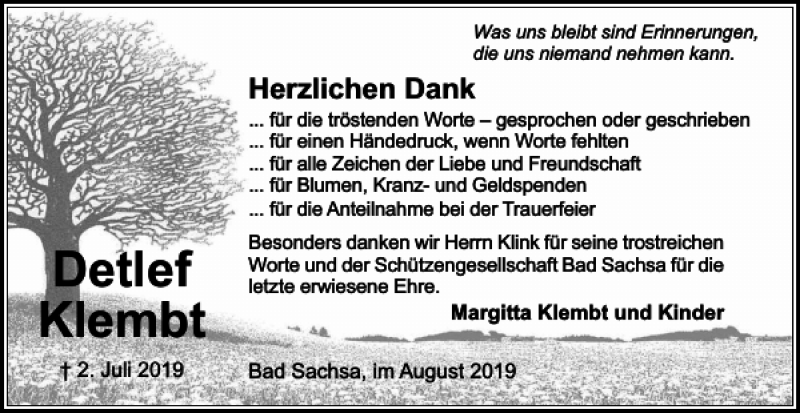  Traueranzeige für Detlef Klembt vom 03.08.2019 aus Harz Kurier