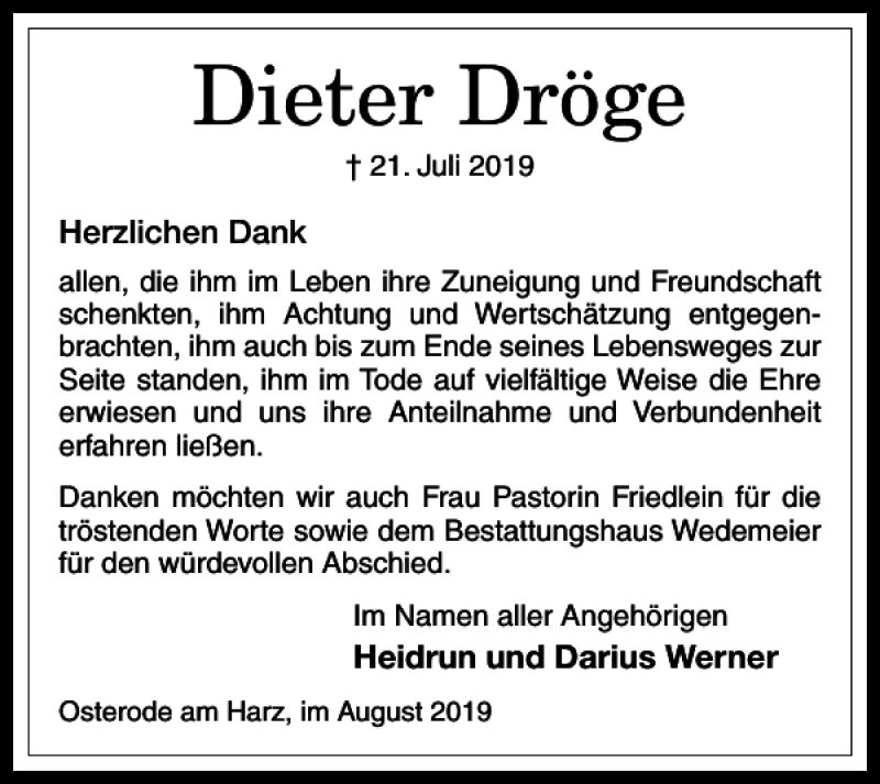  Traueranzeige für Dieter Dröge vom 10.08.2019 aus Harz Kurier