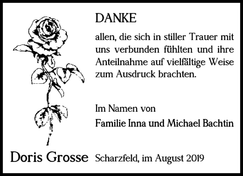  Traueranzeige für Doris Grosse vom 17.08.2019 aus Harz Kurier