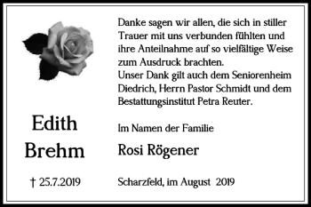 Traueranzeige von Edith Brehm von Harz Kurier