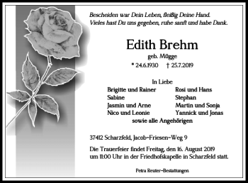 Traueranzeige von Edith Brehm von Harz Kurier