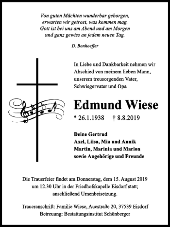 Traueranzeige von Edmund Wiese von Harz Kurier