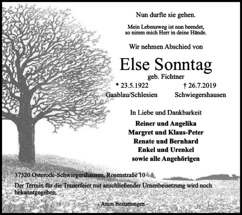  Traueranzeige für Else Sonntag vom 03.08.2019 aus Harz Kurier