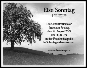Traueranzeige von Else Sonntag von Harz Kurier