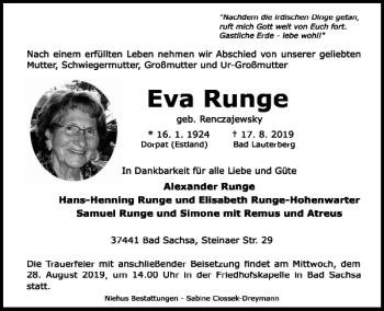 Traueranzeige von Eva Runge von Harz Kurier