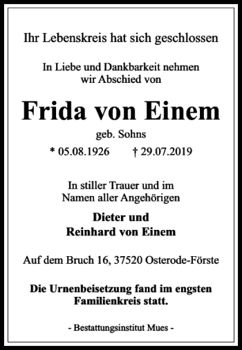 Traueranzeige von Frida von Einem von Harz Kurier