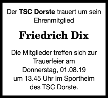 Traueranzeige von Friedrich Dix von Harz Kurier