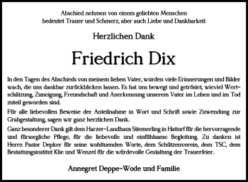 Traueranzeige von Friedrich Dix von Harz Kurier