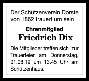 Traueranzeige von Friedrich Dix von Harz Kurier