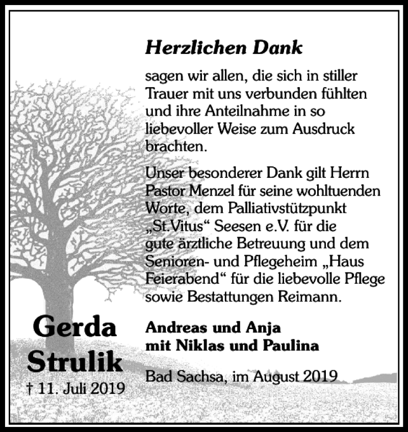  Traueranzeige für Gerda Strulik vom 03.08.2019 aus Harz Kurier