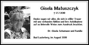 Traueranzeige von Gisela Matuszczyk von Harz Kurier