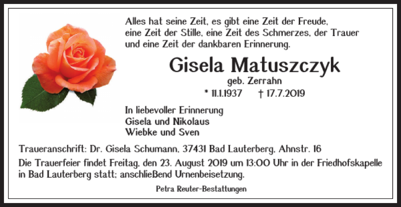  Traueranzeige für Gisela Matuszczyk vom 03.08.2019 aus Harz Kurier