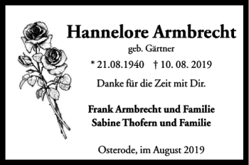 Traueranzeige von Hannelore Armbrecht von Harz Kurier