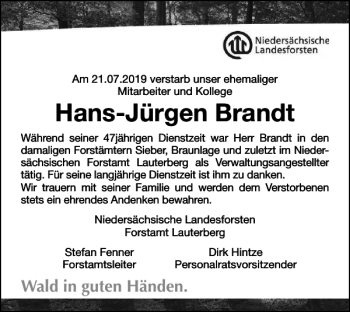 Traueranzeige von Hans-Jürgen Brandt von Harz Kurier