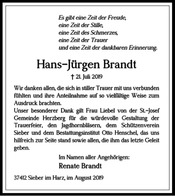 Traueranzeige von Hans-Jürgen Brandt von Harz Kurier