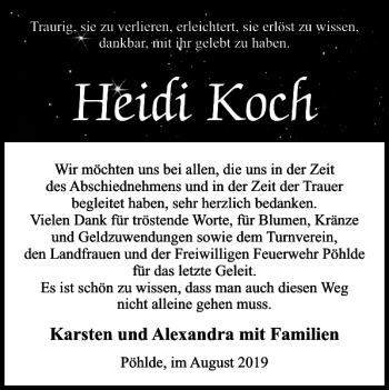 Traueranzeige von Heidi Koch von Harz Kurier