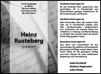 Traueranzeige von Heinz Rusteberg von Harz Kurier