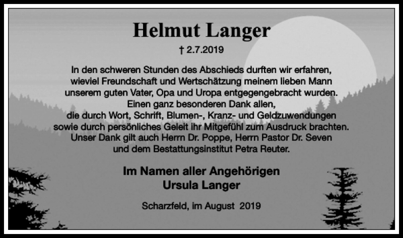  Traueranzeige für Helmut Langer vom 03.08.2019 aus Harz Kurier