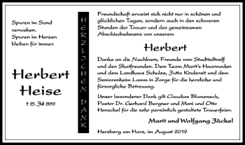 Traueranzeige von Herbert Heise von Harz Kurier