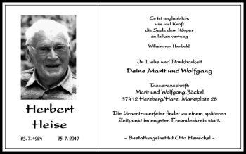 Traueranzeige von Herbert Heise von Harz Kurier