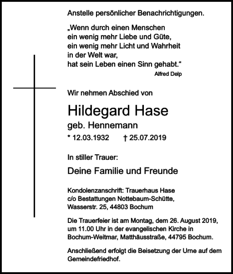  Traueranzeige für Hildegard Hase vom 17.08.2019 aus Harz Kurier