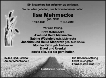 Traueranzeige von Ilse Mehmecke von Harz Kurier