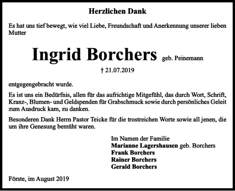  Traueranzeige für Ingrid Borchers vom 03.08.2019 aus Harz Kurier