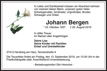 Traueranzeige von Johann Bergen von Harz Kurier