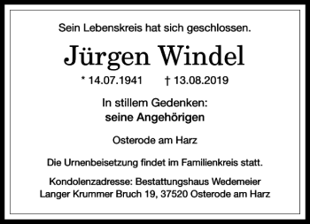 Traueranzeige von Jürgen Windel von Harz Kurier