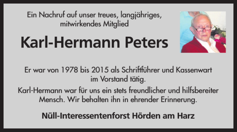  Traueranzeige für Karl-Hermann Peters vom 03.08.2019 aus Harz Kurier