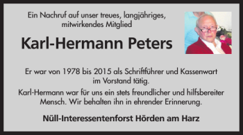 Traueranzeige von Karl-Hermann Peters von Harz Kurier