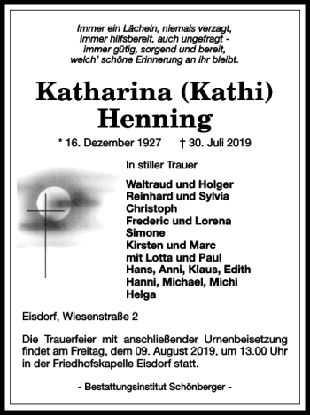 Traueranzeige von Katharina Kathi Henning von Harz Kurier