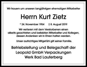 Traueranzeige von Kurt Zietz von Harz Kurier