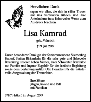 Traueranzeige von Lisa Kamrad von Harz Kurier