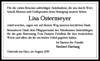 Traueranzeige von Lisa Ostermeyer von Harz Kurier