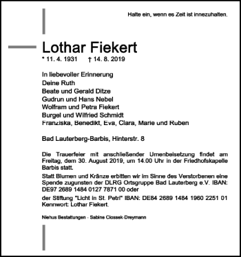 Traueranzeige von Lothar Fiekert von Harz Kurier