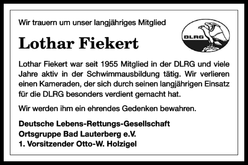  Traueranzeige für Lothar Fiekert vom 16.08.2019 aus Harz Kurier