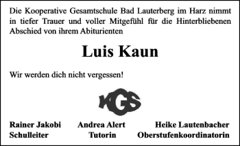 Traueranzeige von Luis Kaun von Harz Kurier