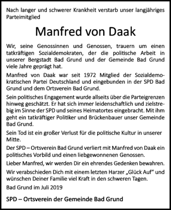 Traueranzeige von Manfred von Daak von Harz Kurier