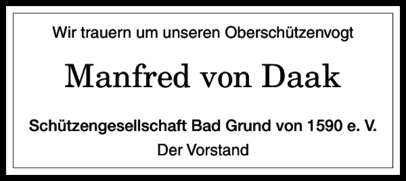  Traueranzeige für Manfred von Daak vom 08.08.2019 aus Harz Kurier