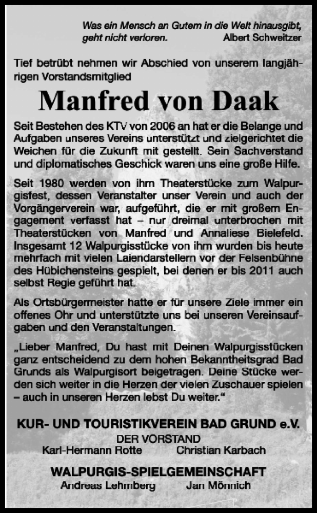  Traueranzeige für Manfred von Daak vom 03.08.2019 aus Harz Kurier