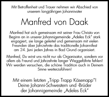 Traueranzeige von Manfred von Daak von Harz Kurier